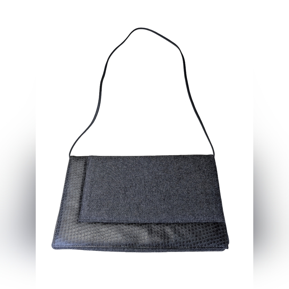 Vintage TanJay Grey Wool & Faux Snakeskin Shoulder Bag | 90s Minimalist